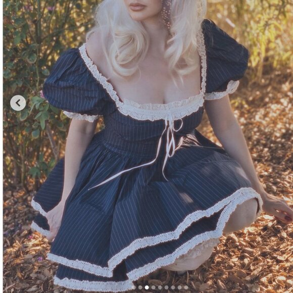 Selkie The Pinstripe Bonny Mini Dress Large Black White Lace Holiday - Picture 8 of 16